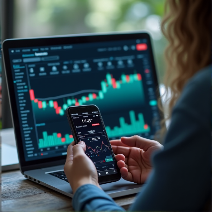 A person studies stock market graphs on a laptop and a smartphone.