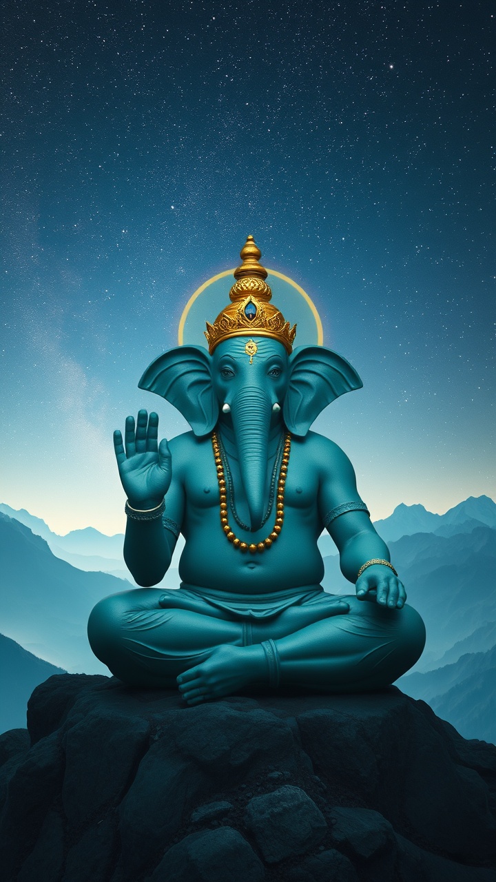 This image portrays a serene and majestic depiction of a blue elephant-headed deity, symbolizing wisdom and prosperity. The deity is seated in a meditative pose on a rocky outcrop under a starry night sky, embellished with a golden crown and necklace. The calming blue tones of the figure contrast beautifully with the dark background, creating a peaceful and spiritual atmosphere.