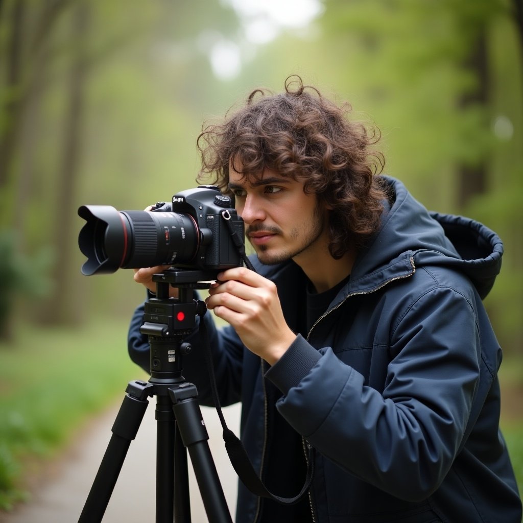 A person is adjusting a camera on a tripod in a natural setting