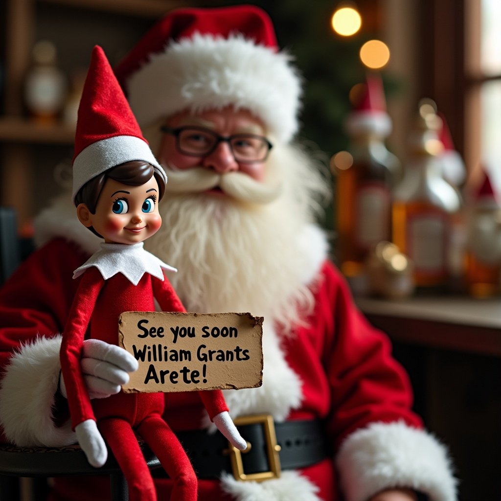 Elf on the Shelf in red and white outfit holding a sign. Sign reads 'See you soon William Grants Arete!'. Santa Claus beside elf in a toy workshop. Whiskey being crafted in the background.