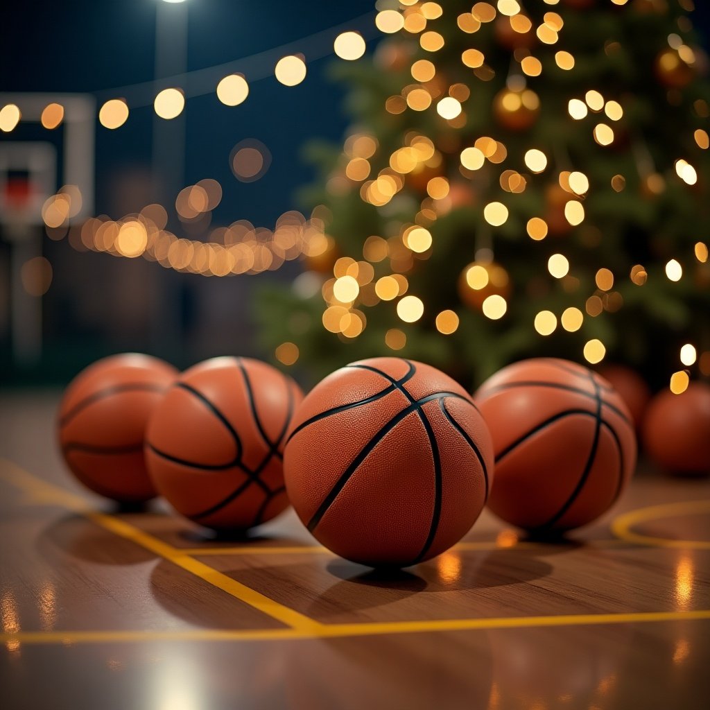 Christmas tree decorated with lights. Basketballs placed on a basketball court. Warm lights create a festive atmosphere.