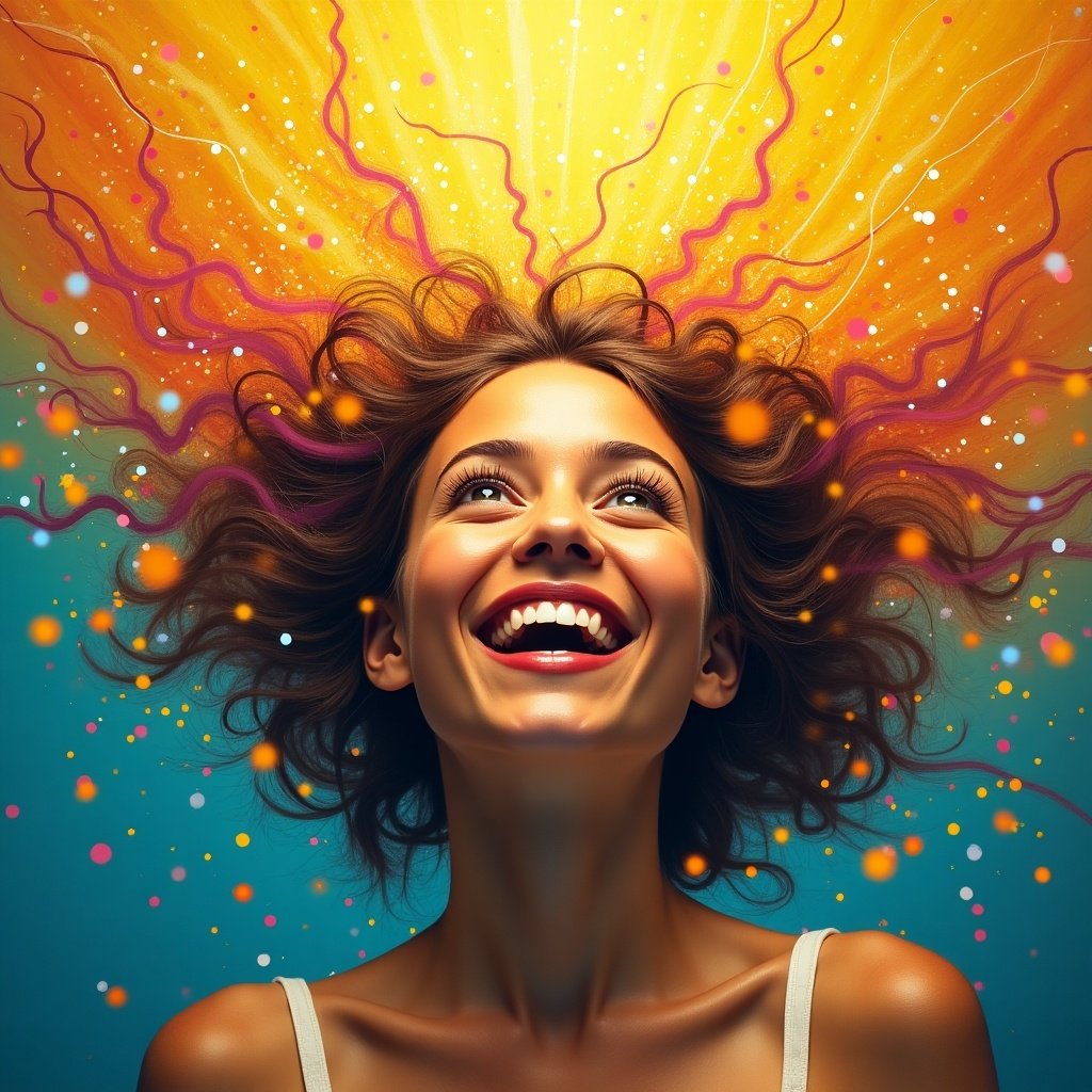 Image of a girl expressing joy with vibrant hair and colorful background. Elements represent happiness and creativity with glowing effects.