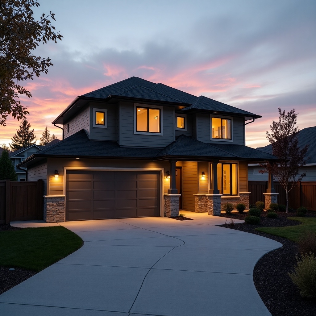 The image showcases a modern two-story house captured during sunset. The driveway is prominently displayed, elegantly leading up to the illuminated garage. Soft lighting around the house adds warmth, highlighting its sleek design. The building features a blend of earthy and neutral tones, enhancing its contemporary appeal. Surrounding landscaping complements the architectural details, providing a welcoming environment at twilight.