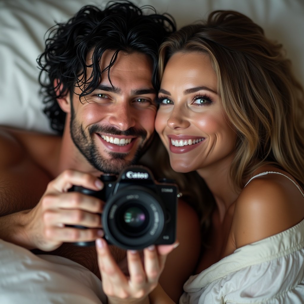 A couple lies closely on a bed while holding a camera. They smile affectionately, showcasing joy and intimacy. The man has short messy hair and a well-defined beard. The woman has long straight hair and striking eyes. They embody passion.