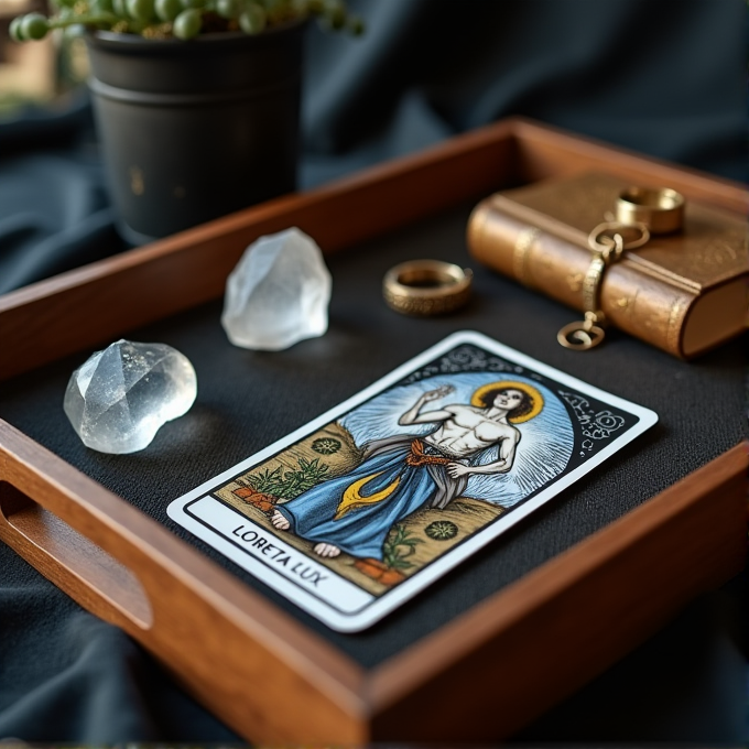 A wooden tray holds a tarot card, clear crystals, an ornate ring, and a small book with a chain, set on a dark cloth.