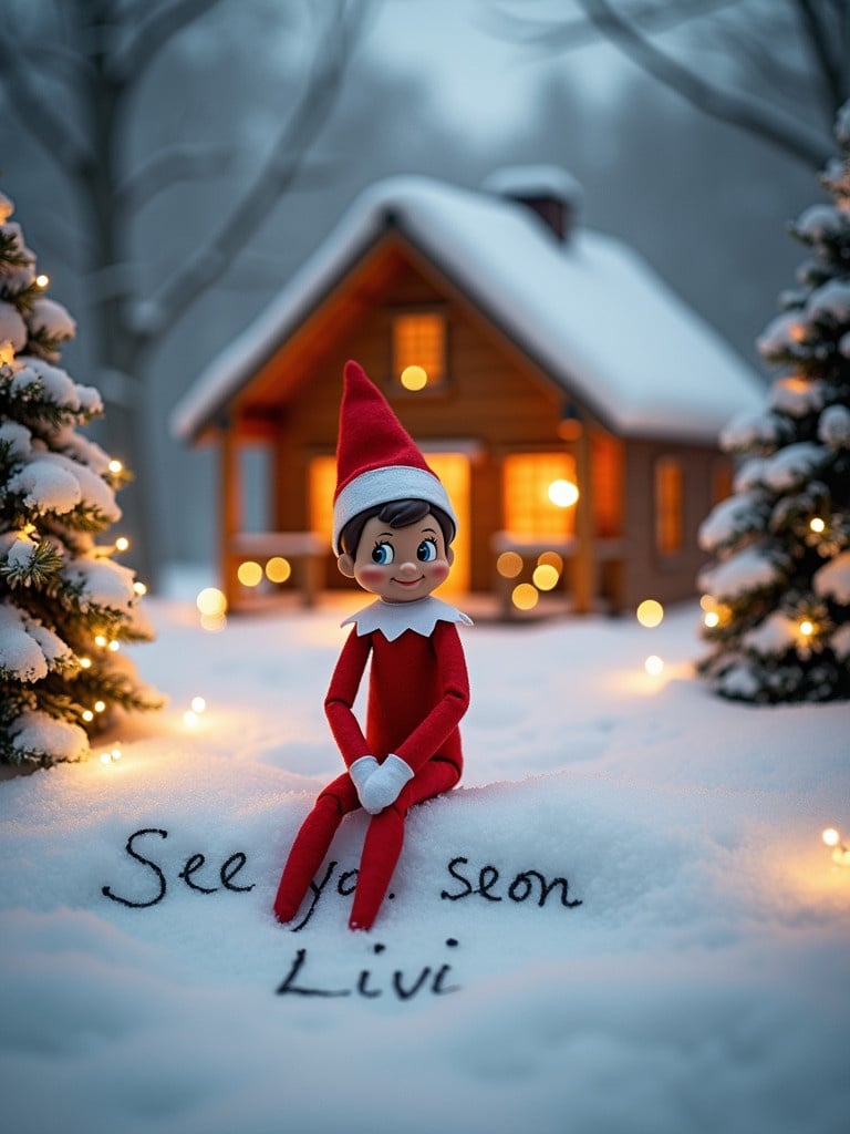 A brown elf on the shelf sits in a snowy landscape. He wears a red outfit with a white collar and festive hat. A cozy cabin is behind him. The cabin is warmly lit. The ground is covered in soft white snow. He writes 'See you soon Livi' in the snow. There are trees with twinkling lights around him. The scene evokes the spirit of Christmas.