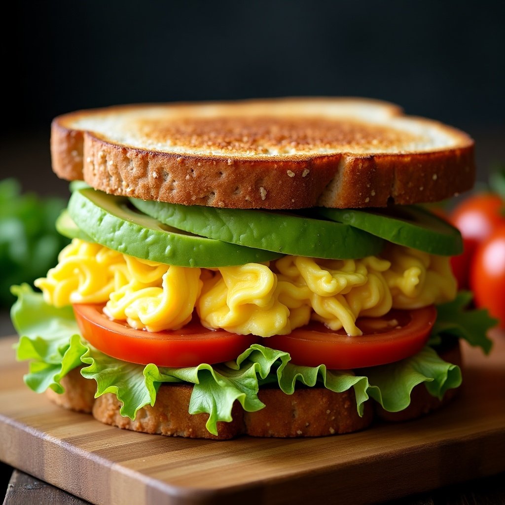 Toast sandwich features scrambled eggs, avocado, iceberg lettuce, and tomato. Displayed on a wooden surface in natural lighting.