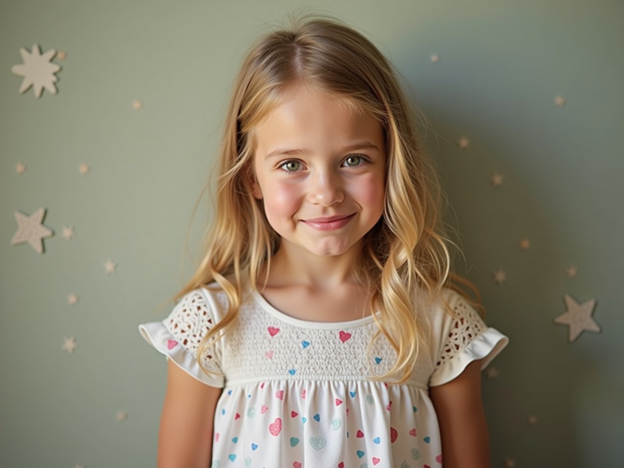 The image features a sweet tween girl with long, wavy hair, wearing a light-colored dress adorned with small hearts. She stands against a soft green background decorated with stars. Her joyful smile radiates warmth and innocence, making her appear approachable and friendly. The lighting is gentle, highlighting her facial features and the playful nature of the scene. The overall ambiance conveys a sense of childhood charm and happiness, perfect for capturing the essence of young girlhood.