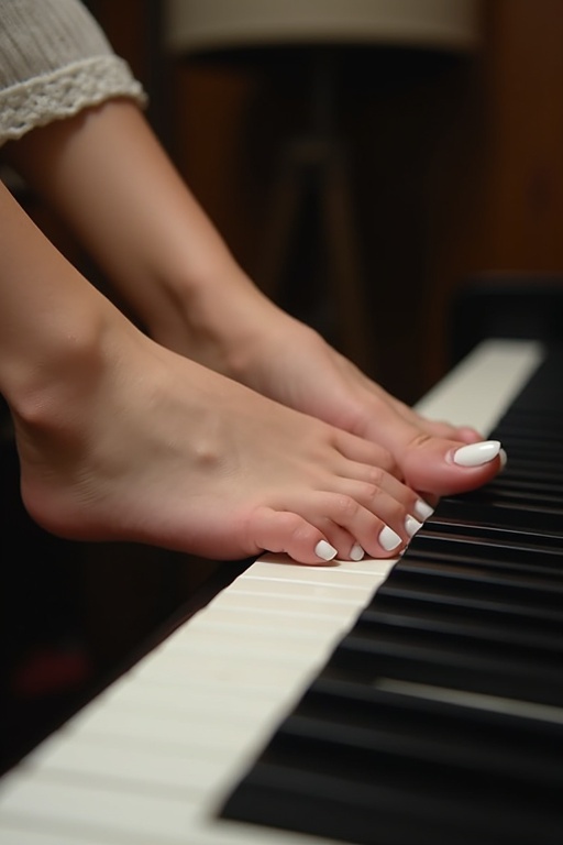 Image features young woman's feet with white toenail polish positioned over piano keys. No hands visible. Side view shows feet directly facing piano.