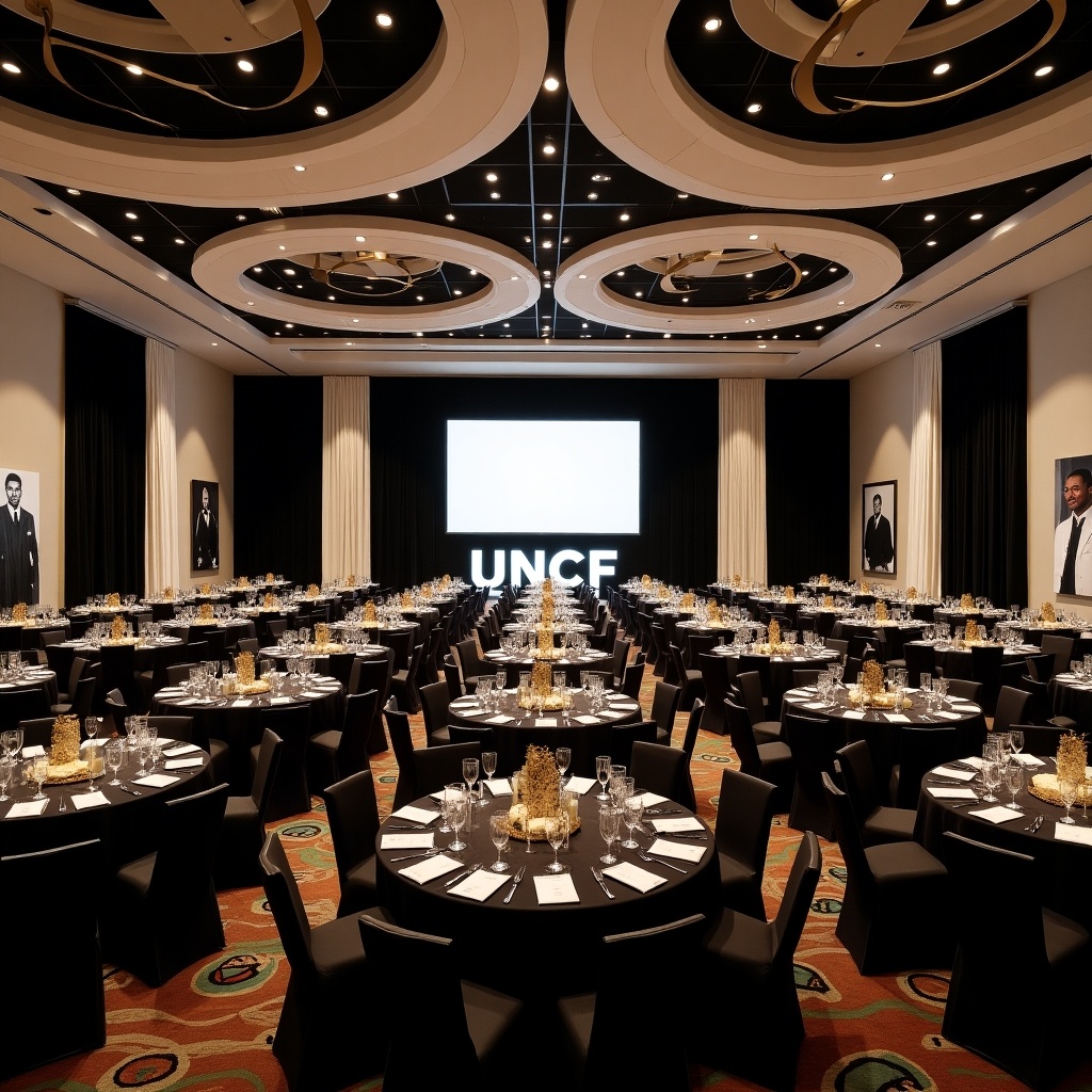 This image depicts a spacious banquet hall set for a formal event. The room is adorned with black and white drapes, creating a classic ambiance. Black and white photos of notable African American graduates line the walls. A large illuminated 'UNCF' sign stands prominently on stage, adding a focal point to the room. The tables are arranged in a rectangular format suitable for 21 guests, elegantly set with sparkling glassware and golden centerpieces. The overall atmosphere is sophisticated, ideal for a celebratory occasion.