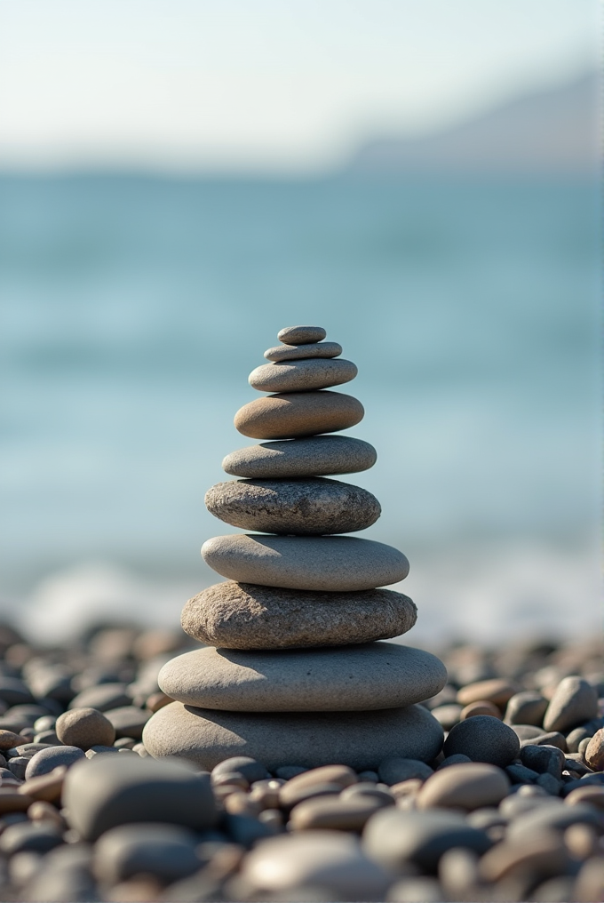 A stack of smooth pebbles is balanced on a rocky beach with a blurred ocean background.