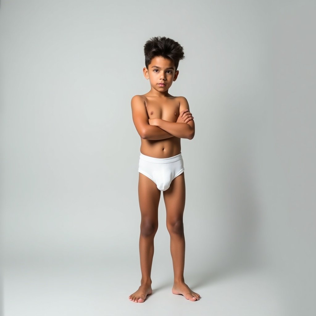 Young boy stands with arms crossed against light gray background. He is barefoot and wearing white underwear. This minimalistic style emphasizes the boy's pose and demeanor.