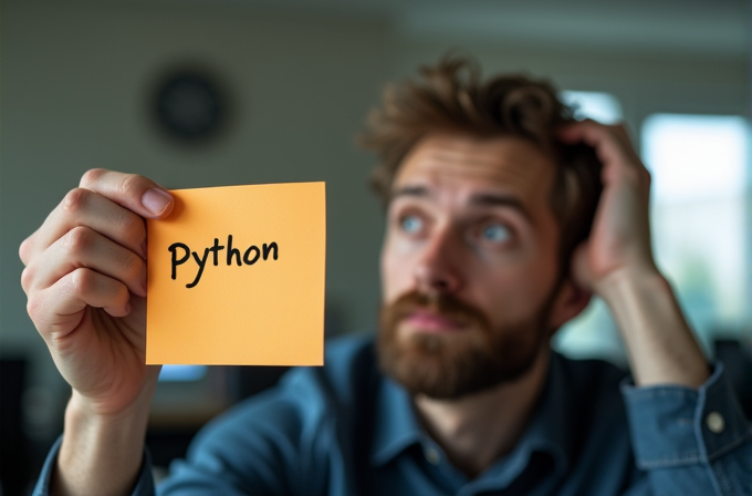 A man looks thoughtfully at a sticky note with 'Python' written on it.