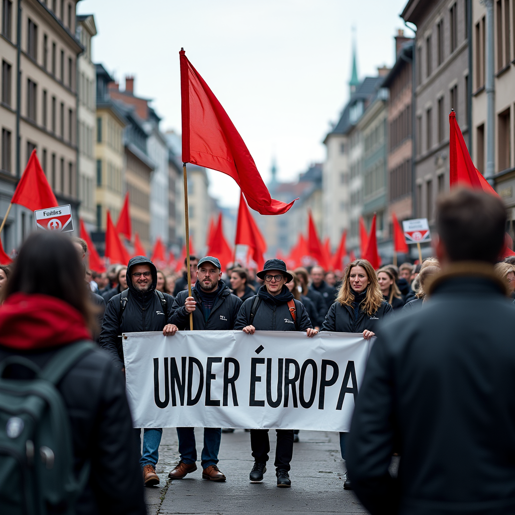 A group of demonstrators carrying red flags and a banner march through a city street.