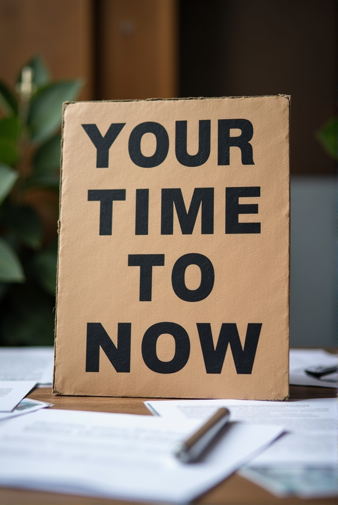 A cardboard sign with the bold message 'YOUR TIME TO NOW' stands on a cluttered desk with scattered papers and a pen.