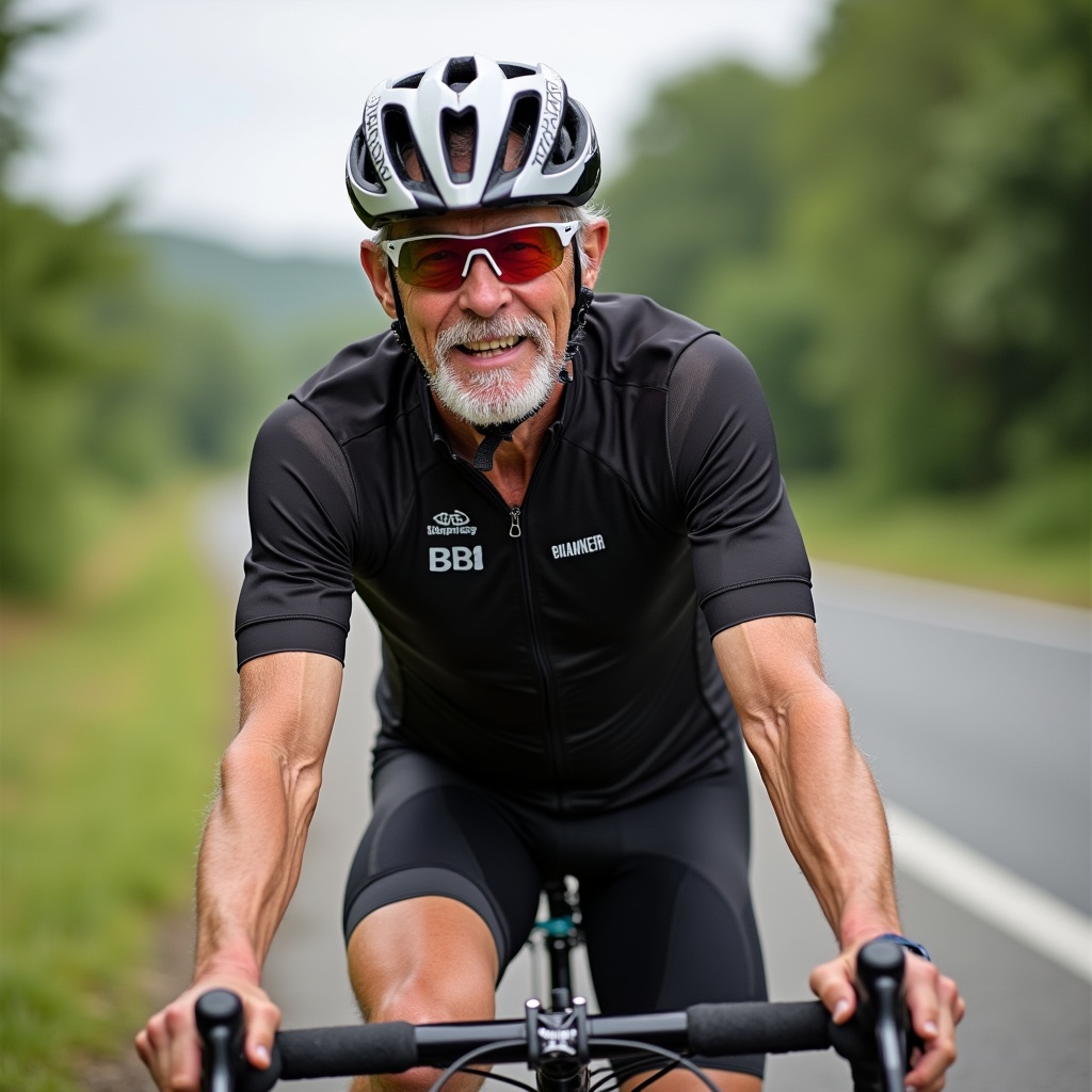 Image showing a determined 60-year-old man biking. Emphasizes physical endurance and perseverance. Captured outdoor biking scene. Rider wearing cycling attire and helmet. Road and green scenery in the background.