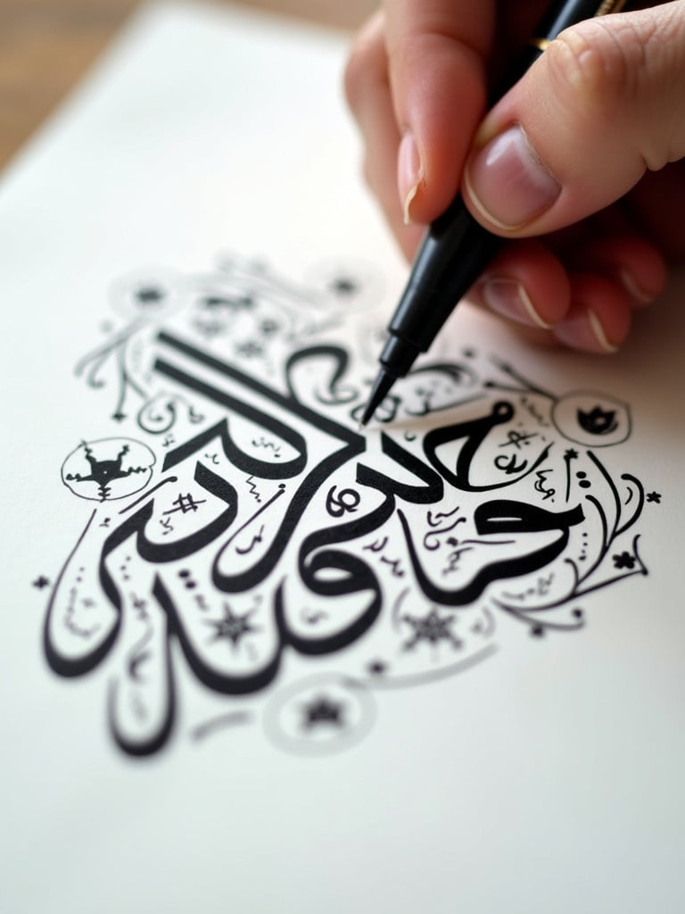 Close-up view of hand using pen to write Arabic calligraphy. Bold black ink on white paper. Hand is steady and focused on letters. Designs surround the main calligraphy. Soft lighting enhances the strokes. Alekya to be written.