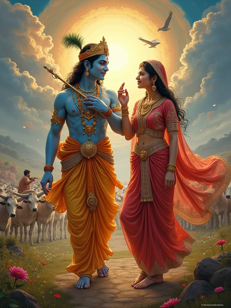 Divine representation of Shri Radha and Lord Krishna in Goloka. They symbolize love and spiritual ecstasy. Background features lush gardens and vibrant pastures. Their divine connection serves as inspiration for devotees. Artistic depiction embodies the essence of devotion.