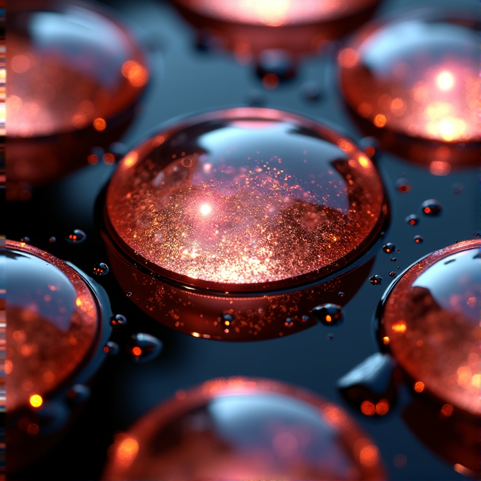 Glowing red spheres with sparkles sit on a glossy black surface.