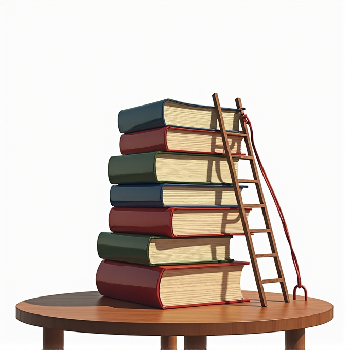 A stack of large books sits on a round wooden table, accompanied by a small ladder leaning against them, symbolizing the pursuit of learning.