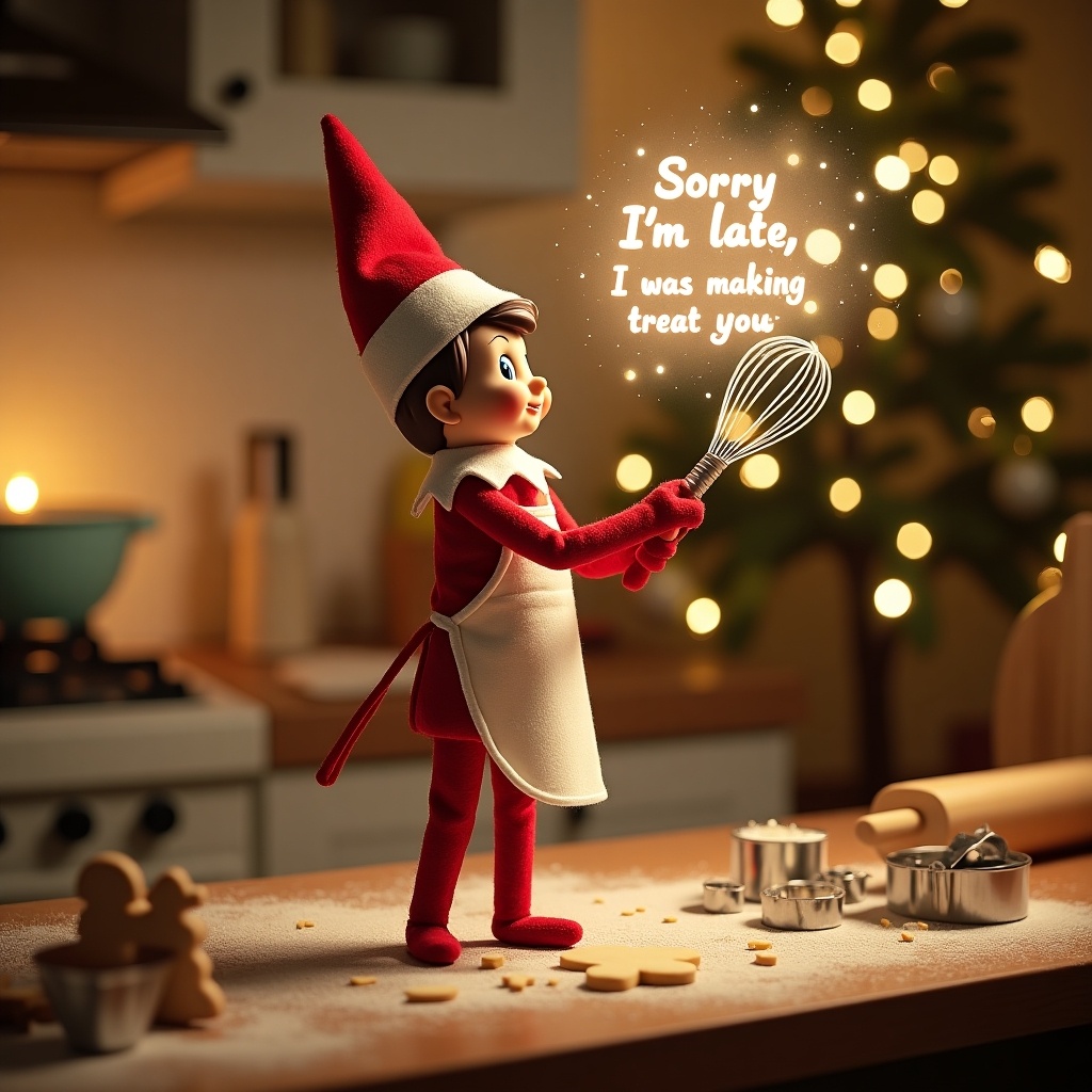 An elf on the shelf covered in flour stands in a cozy kitchen. The elf wears an apron and holds a whisk like a wand. It magically writes a message in the air. The background includes festive baking ingredients. The scene is illuminated by soft golden lights.