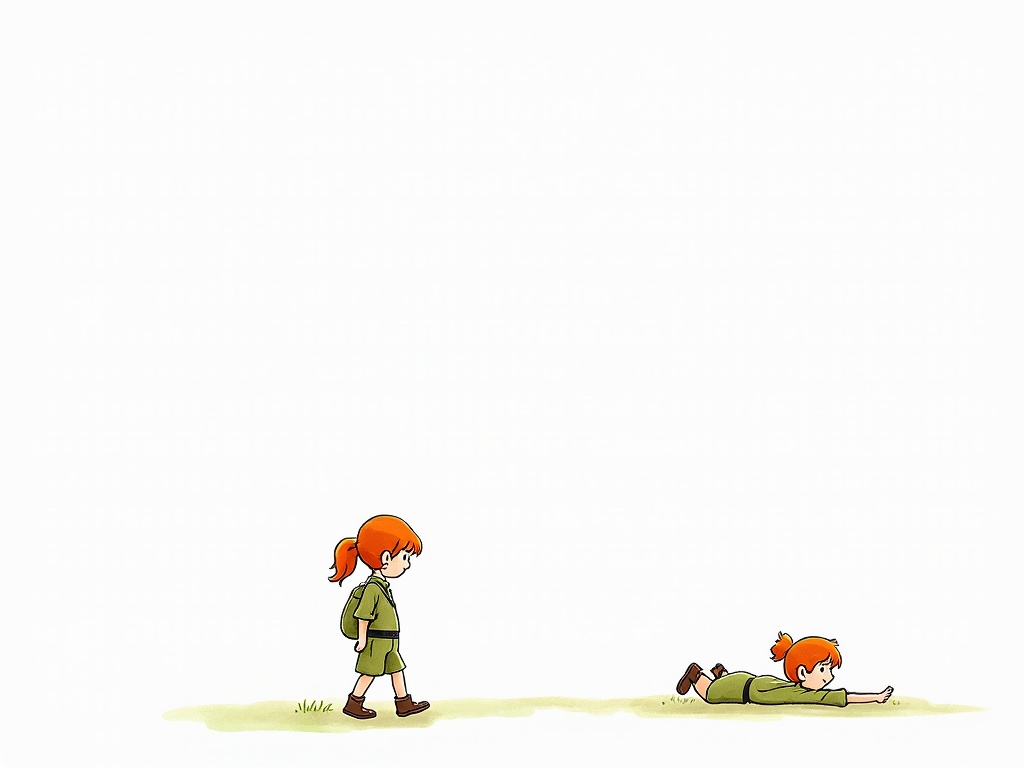 This minimalist illustration features two young girls with red hair dressed in green outfits. One girl walks confidently while the other lies on her stomach, extending her arm playfully. They are set against a stark white background with minimal ground detail, highlighting their vivid hair and expressions.