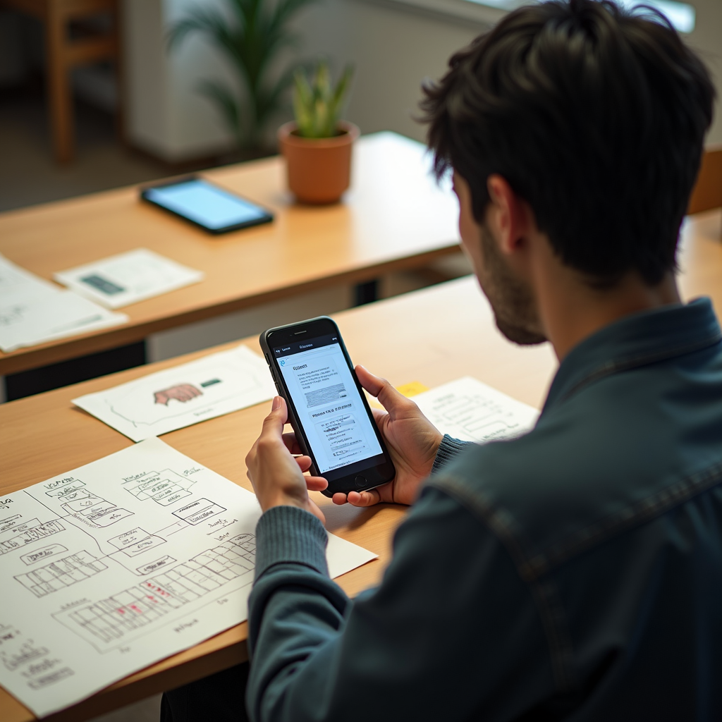 A person in a denim jacket browsing information on a smartphone, surrounded by printed charts and notes on a wooden desk with a potted plant.