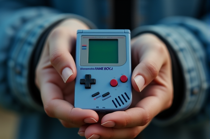 A person holds a small, retro-style handheld gaming device with a design reminiscent of classic portable consoles.