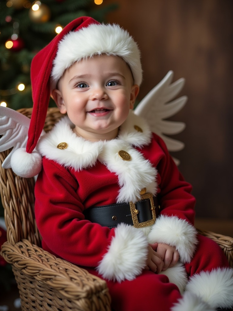 Portrait of a baby boy dressed as Santa with angel wings. Brightly smiling in a festive setting. Cozy atmosphere with Christmas decorations.