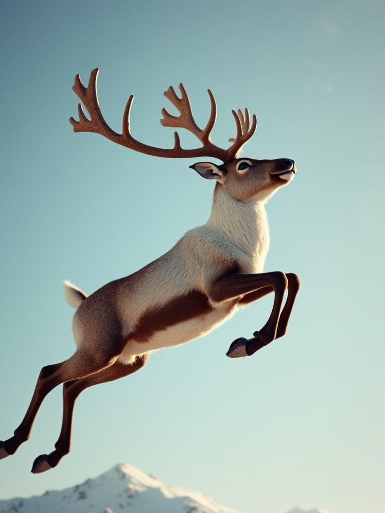 Image depicts a reindeer. The reindeer is flying gracefully against a clear sky. Snowy mountains are visible in the background.