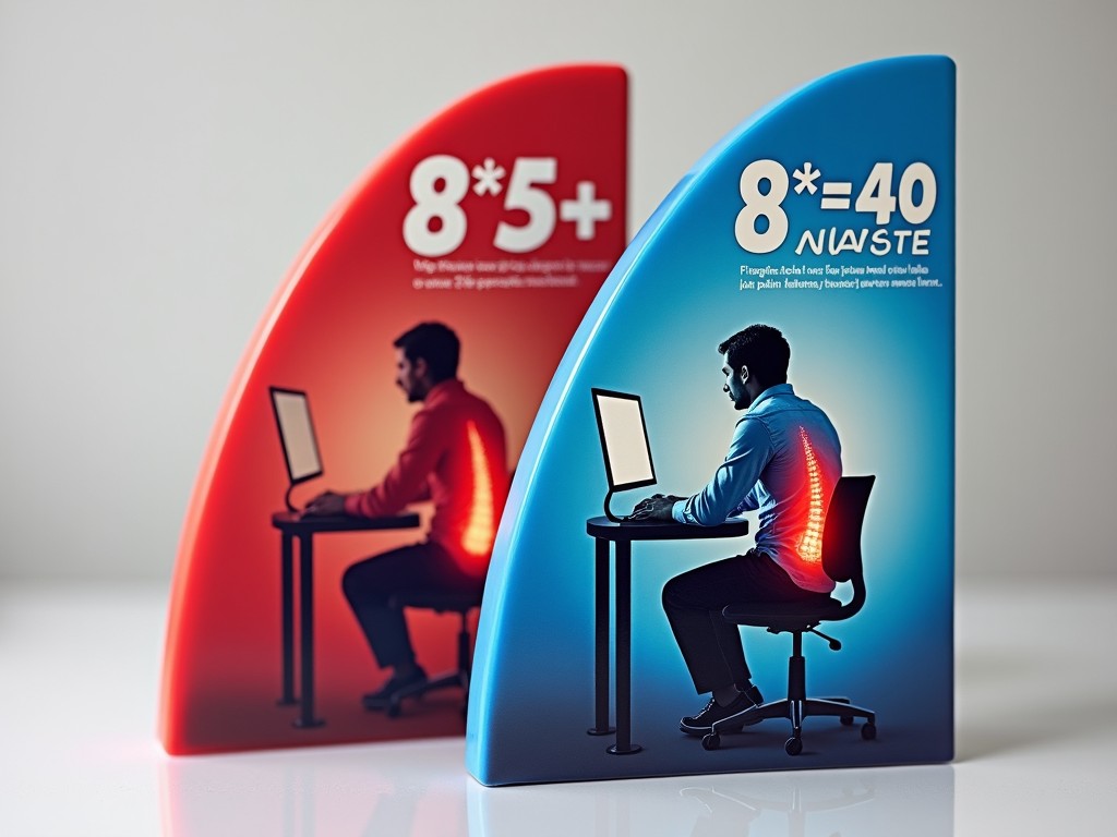 The image features a dual-colored magnetic fin that illustrates a person sitting at a desk. The left side is in red, symbolizing discomfort due to lower back pain, and the right side is blue, indicating a solution through the use of FlexEze heat patches. The visual emphasizes the formula '8*5=40', suggesting that using the patches for 8 hours a day, 5 days a week at 40 degrees Celsius can relieve pain. Text on the fin encourages viewers to TRY the product in a way that captures attention in retail settings. The design effectively combines colors and visuals to create a compelling product display.