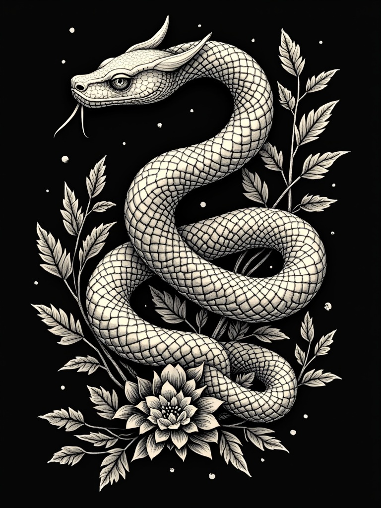 Design a woodcut illustration using a linocut printing method showcasing a snake interwoven with gothic flowers and leaves. The background should be black. The focus is on intricate patterns suitable for t-shirts.