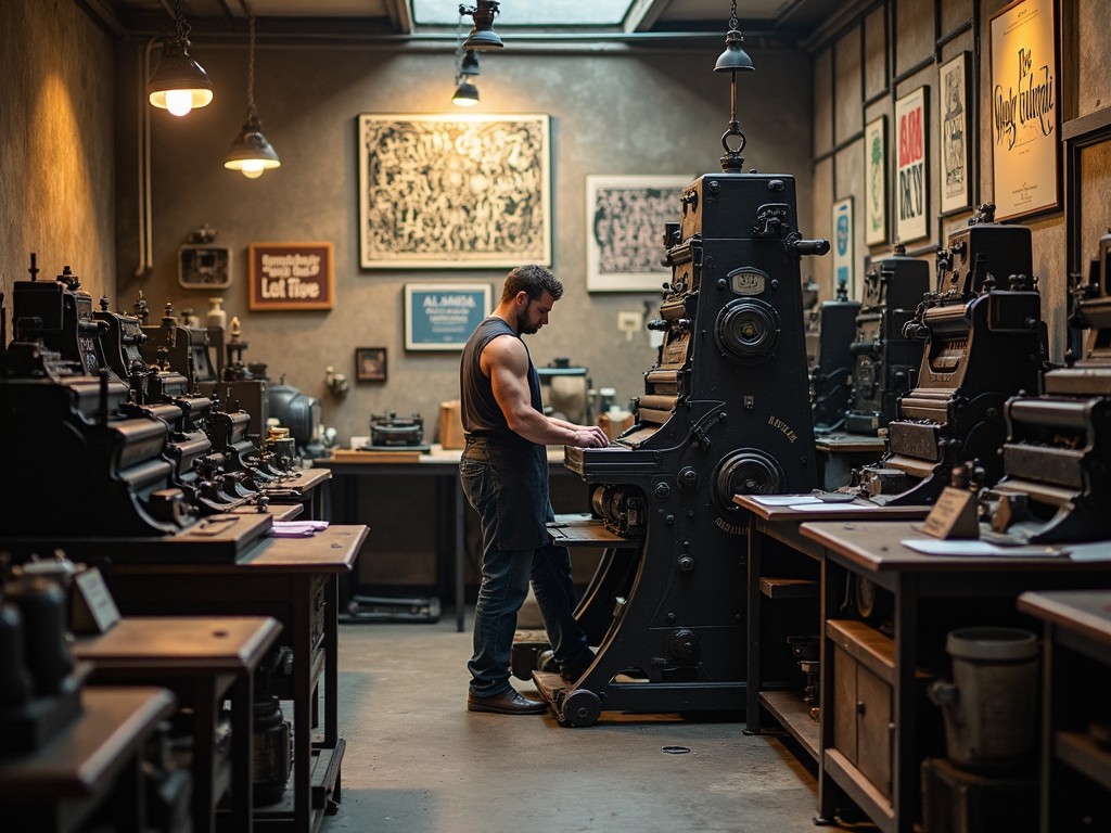 The image depicts a vintage printing press workshop. A muscular individual is operating an antique printing press. The room is filled with various old printing machines, creating a nostalgic atmosphere. It has a warm and inviting ambiance due to the dim lighting. The walls feature framed artworks, suggesting a blend of industry and art. This scene captures the essence of artisanal printing craftsmanship.