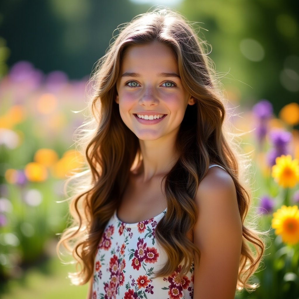 Smiling young woman with long hair wearing a floral dress in a field of colorful flowers.