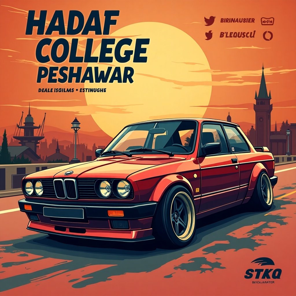 Banner design featuring an iconic BMW sports car. The backdrop shows a Peshawar skyline. Includes branding for Hadaf College. Focus on JDM aesthetics and a vibrant sunset.