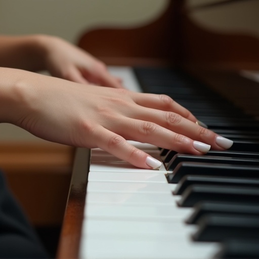 A close-up of a young woman's hands with white nail polish over piano keys. Soft natural lighting enhances the details of the hands. Focus on finger positioning while playing.