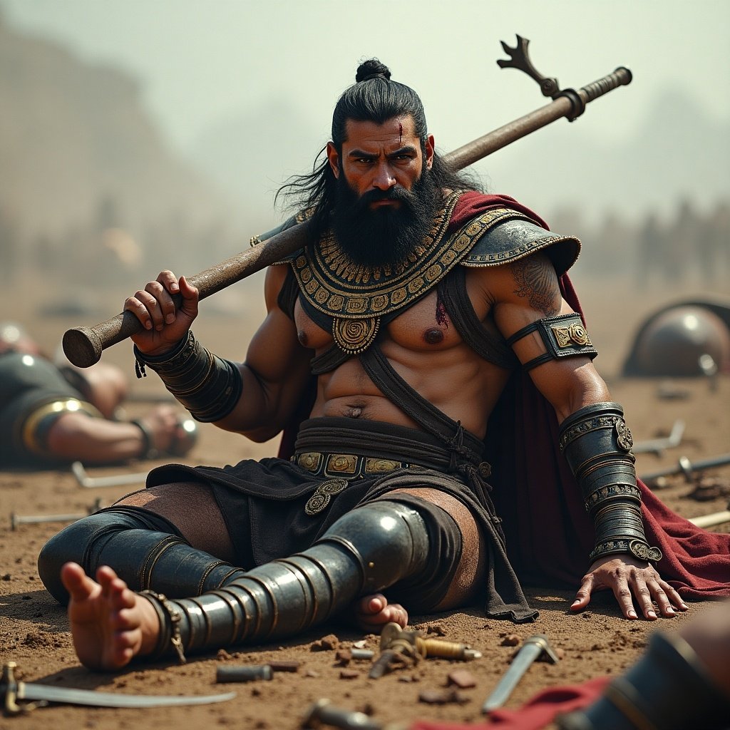 A tall muscular warrior resting on a battlefield. The warrior wears black and golden intricate armor. He holds a large mace. The battlefield shows lifeless bodies and weapons. The environment is Kurukshetra. The warrior's physique appears bruised and pale.