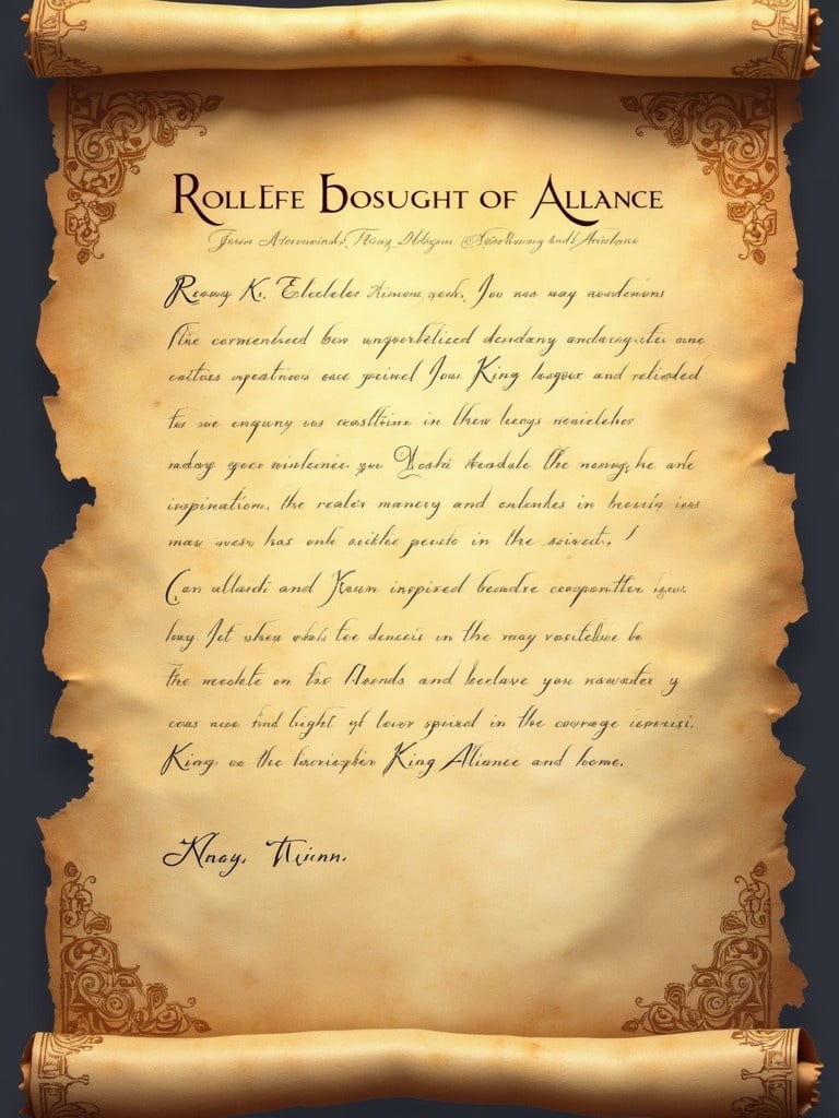 An old parchment scroll with royal wording. Text displays a letter from King Anduin Wrynn recognizing a Mistweaver Monk's contributions. Decorated edges and aged texture complete the ancient look.