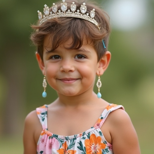 A young child with short hair wearing a floral sundress. Accessories include a tiara and dangling earrings. The scene has soft natural lighting and emphasizes childhood playfulness with a touch of elegance.