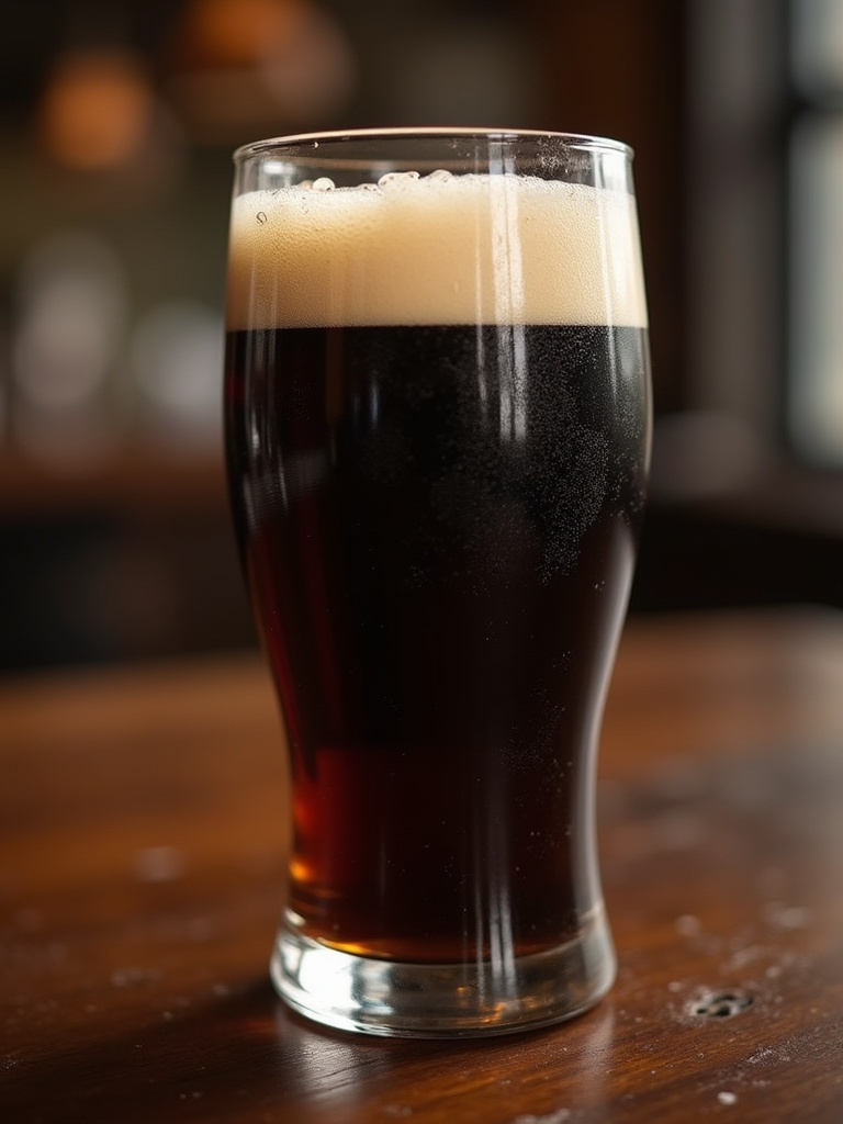 A close-up view of a pint of Guinness. Beer is dark brown with a creamy foam top. The glass is on a wooden table. Soft lighting highlights the glossy surface of the beer.