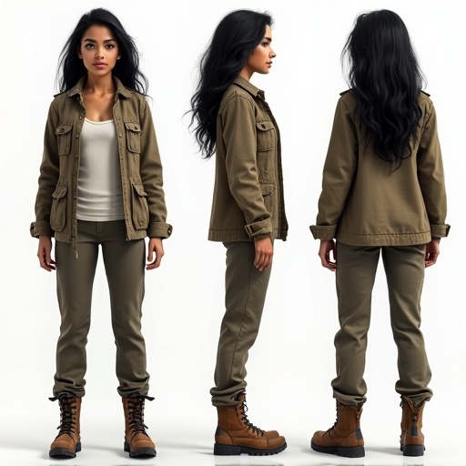 Highly detailed character turnaround sheet showcasing a confident young woman. She has a South American skin tone. Her hair is shoulder-length and wavy. She wears a ragged jacket and loose combat pants with hiking boots. The sheet displays front, side, three-quarter, and back views. Captured in high-definition.