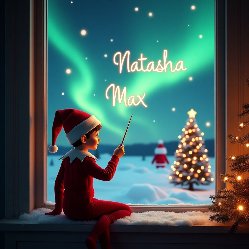 This image depicts a magical Christmas scene centered around an elf seated on a window ledge. The elf is dressed in a red outfit and is using a wand to write the names 'Natasha' and 'Max' in the air. Outside the window, the landscape is animated by the enchanting glow of the northern lights, which illuminate the winter landscape. A beautifully decorated Christmas tree glows brightly nearby. In the distance, Santa Claus is seen, adding to the festive charm. The scene is cozy, with snow resting gently on the window ledge, creating a perfect holiday atmosphere.