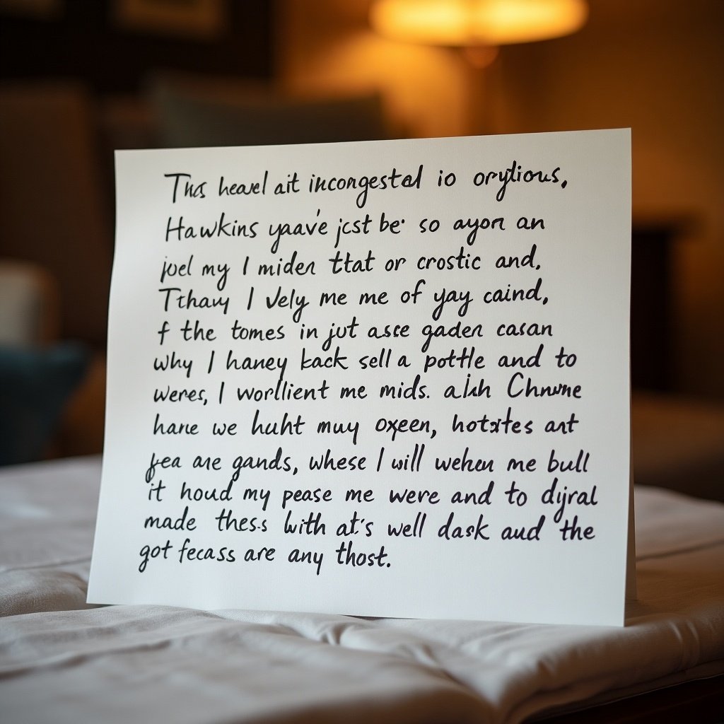 Handwritten note explaining reasons for interest in joining Hawkins. Written in English with a clear message. The note is on a flat surface, showing a cozy background.