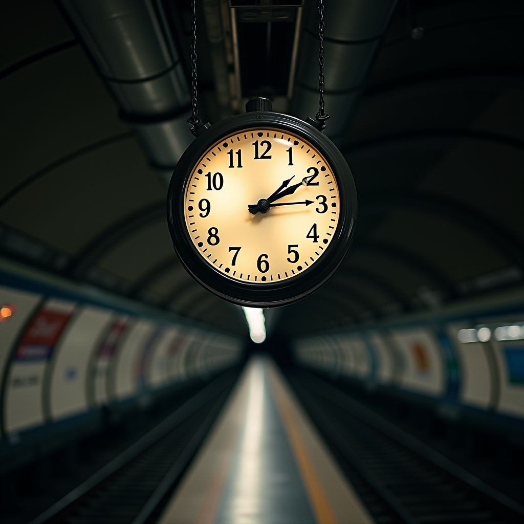 A vintage-style clock hangs prominently in a dimly lit, curved subway station, with tracks disappearing into the distance.