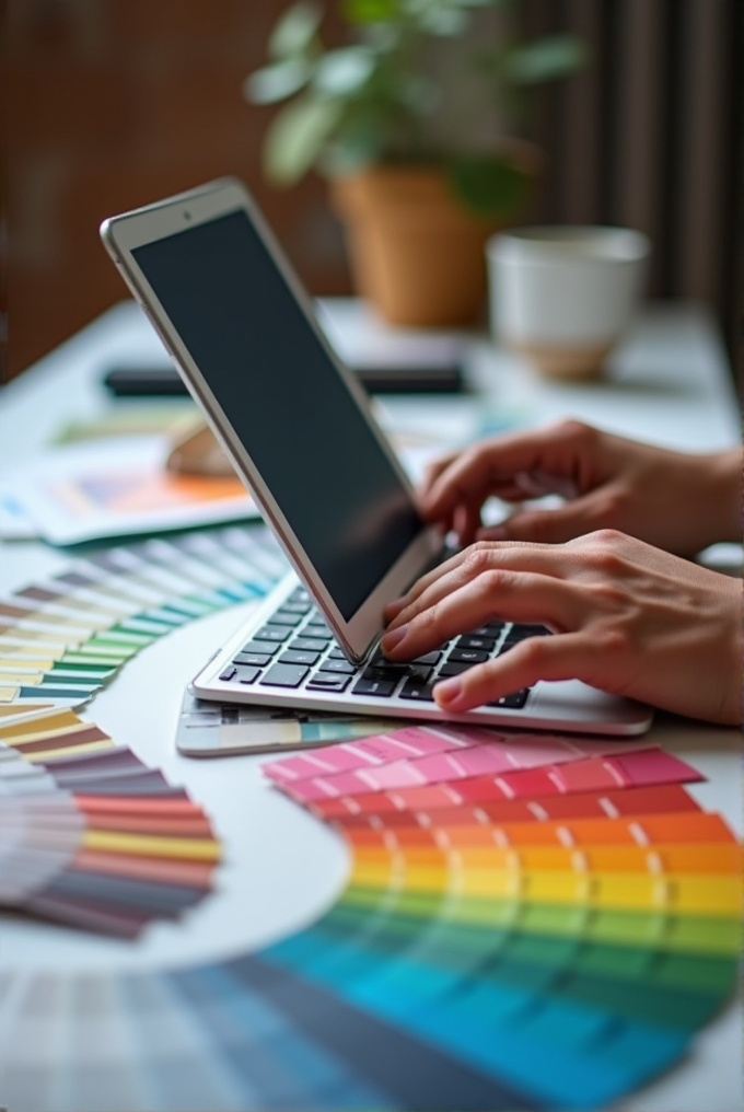 A person working on a laptop surrounded by a colorful array of paint swatches on a bright table.