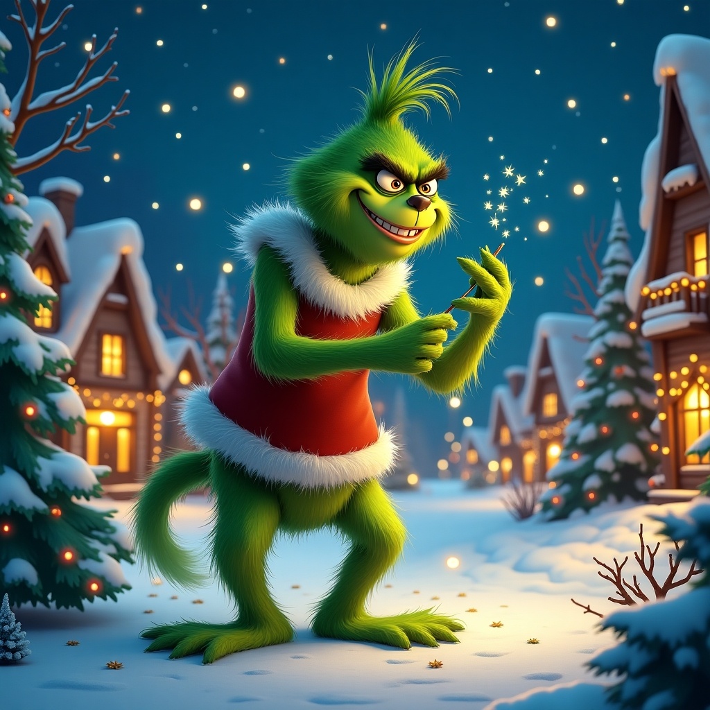 A mischievous green creature dressed in a red Christmas outfit standing in a snowy village. Snowflakes floating around and twinkling lights on houses. The Grinch is playfully sneaking a decoration with a sly smile.