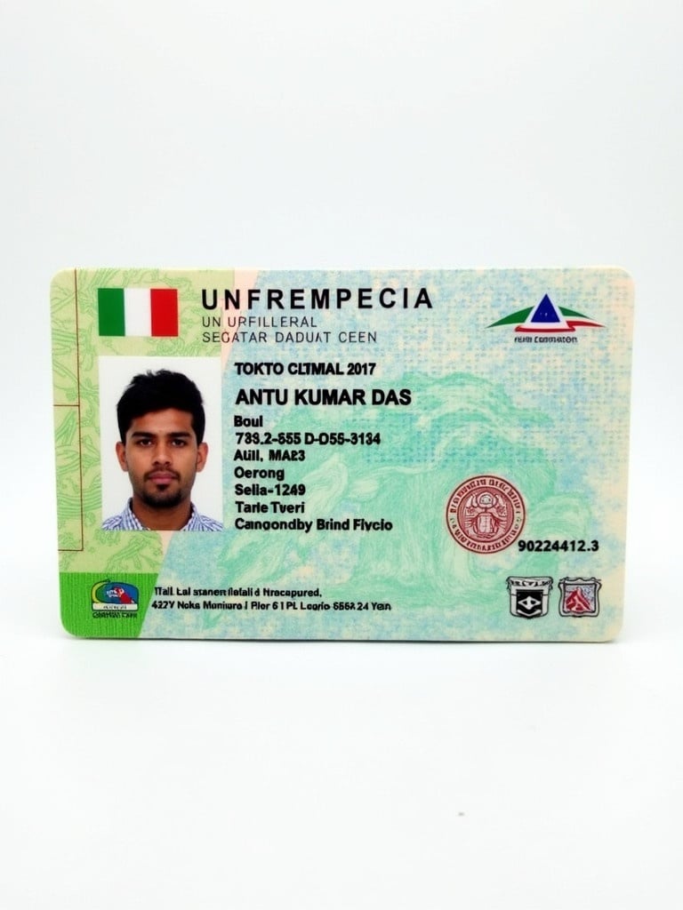 This image features an Italian identity card. The card contains various security elements typical for identification documents. It displays personal information such as the name Antu Kumar Das. The official format includes specific dimensions. The color scheme incorporates green and blue tones seen in Italian documents.