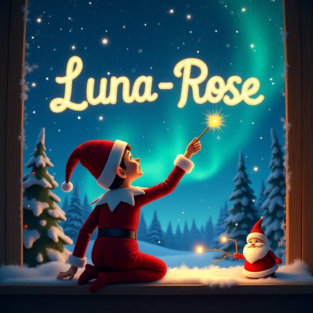 An enchanting Christmas scene featuring an elf on the shelf. The elf is positioned with its back to the viewer, gazing up at the night sky. It is using a magic wand to write the name 'Luna-Rose' in sparkling letters. In the background, the Northern Lights illuminate a snowy forest filled with tall evergreen trees. Santa Claus is nearby, also using a wand, adding to the magical atmosphere. The entire scene embodies warmth and holiday magic, perfect for a festive backdrop.