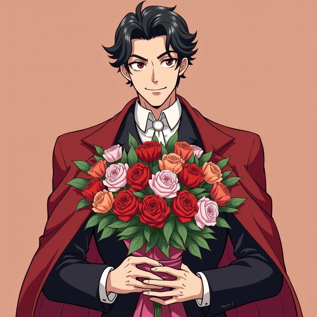 An illustration of Miles Edgeworth from the Ace Attorney series is portrayed smiling while holding a vibrant bouquet of roses. The character is dressed sharply, embodying his classic style with a formal attire and a long cape. The background is a soft peach color that complements the roses in the bouquet, enhancing the overall appeal of the image. The bouquet includes a mix of red, pink, and white roses, symbolizing various emotions. This artwork captures both the essence of the character and the warmth of the gesture.