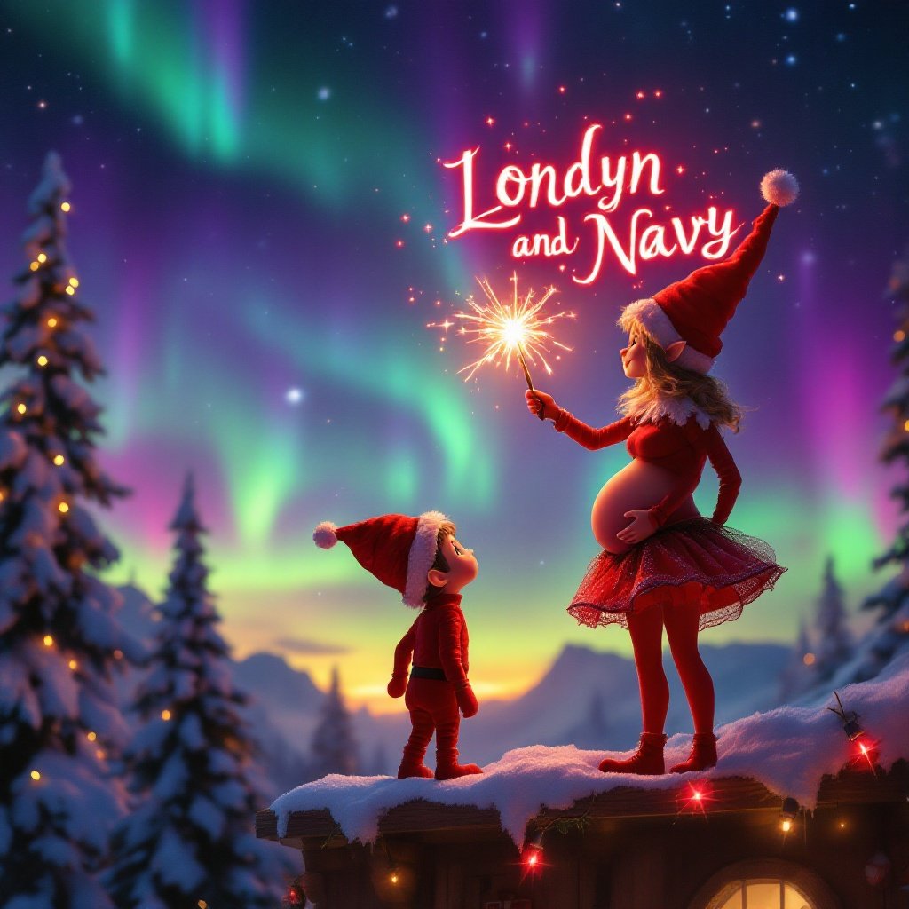 Enchanting Christmas scene with a red elf on the shelf. The elf wears a skirt and has a pregnant belly. She faces the sky, holding a magic wand. Her brother elf smiles beside her. The background features vibrant northern lights, enhancing the magical ambiance. The scene is festive and conveys the joy of the holiday season.